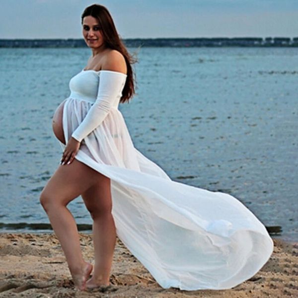 

maternity dress solid color long maxi gown pregnant dress tube chiffon joint slit-front pregnant women mopping, White