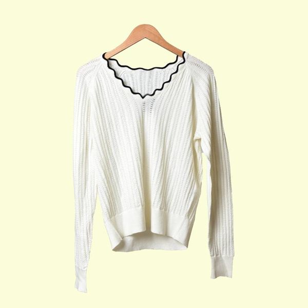 

2019 autumn winter v-neck women sweater slim simple long-sleeved knitwear sweater hollow pullover top, White;black