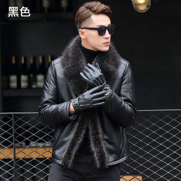 

qt1615 haining leather fur-in-one racoon fur collar male fur thickened jacket yt003-p1450, Black
