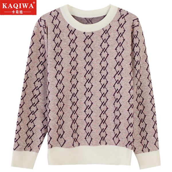 

nethong same fall and winter new colour-coloured geometric diamond-shaped round-neck knitted sweaters women's loose pullovers, White;black