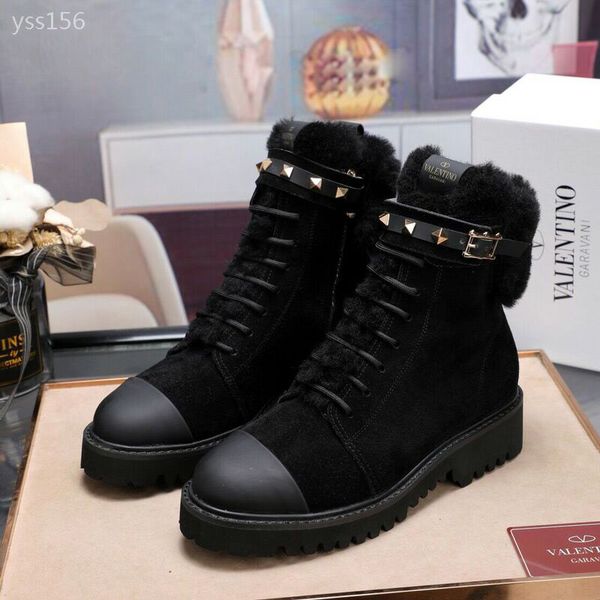 

personality new winter and autumn boots calfskin military boots high-end women's shoes with thick martin boot fur snow boots female, Black
