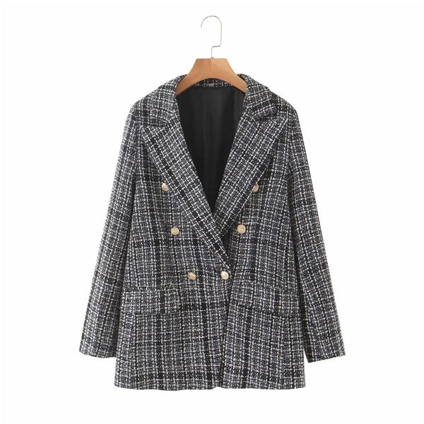 

women's suits & blazers 2021 spring summer women plaid coats long sleeve double breasted twill soft blazer female elegant office lady, White;black