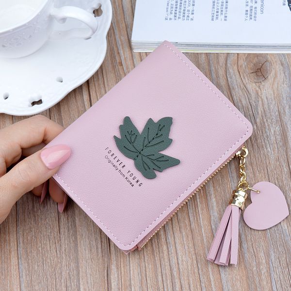 

new women's wallet female student short zipper purses carteira fashion leaf fringed purse small wallet woman portefeuille femme, Red;black