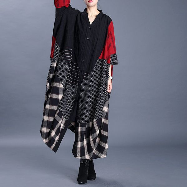 

spring autumn 2020 new large size women's original ethnic wind cotton linen irregular printed trench coat women windbreaker g221, Tan;black