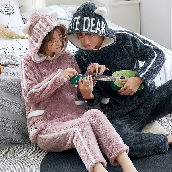 

2020 women thick and warm flannel men home wear suit new pair coral pajamas soft winter pajama, Black;brown