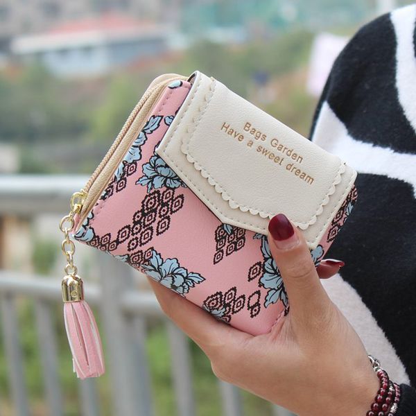 

portable space saving short storage button casual printed women wallet card holder coin purse foldable gift handheld square, Red;black