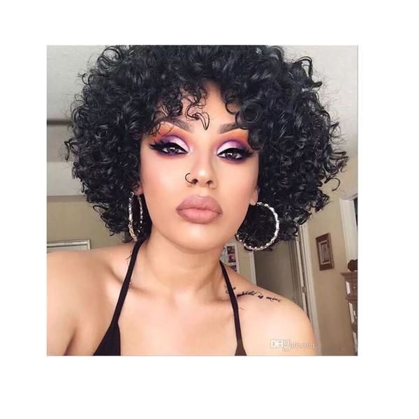 Penteado quente senhora afro curto kinky curly perucas Africano Ameri Cabelo Brasileiro simulação de cabelo humano afro encaracolado peruca cheia com estrondo