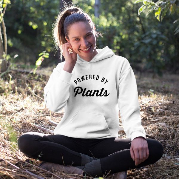 

powered by plants hoodies casual women vegetarian pullovers long sleeve vegan organic hooded sweatshirts streetwears, Black
