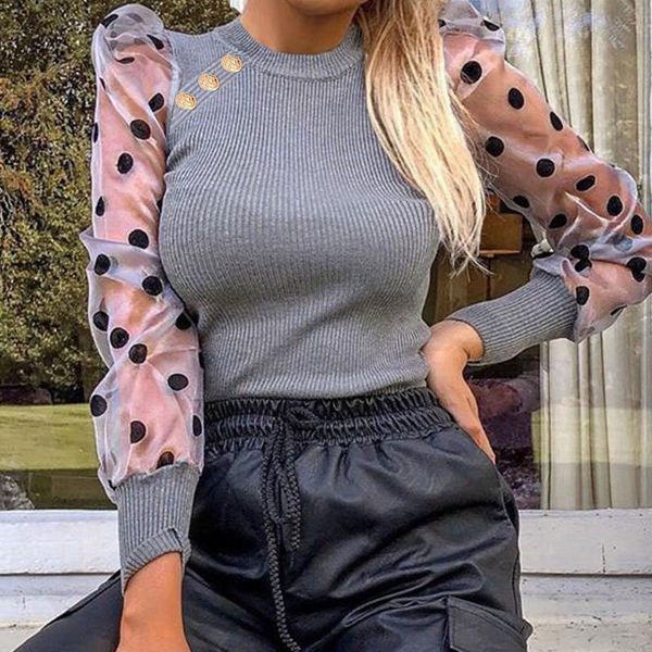 

кнопка женщин горошек сращивание футболка прозрачный сладкий сексуальный тонкий сетки слоеного рукав дизайнер женщин шеи экипажа мода одежда, White