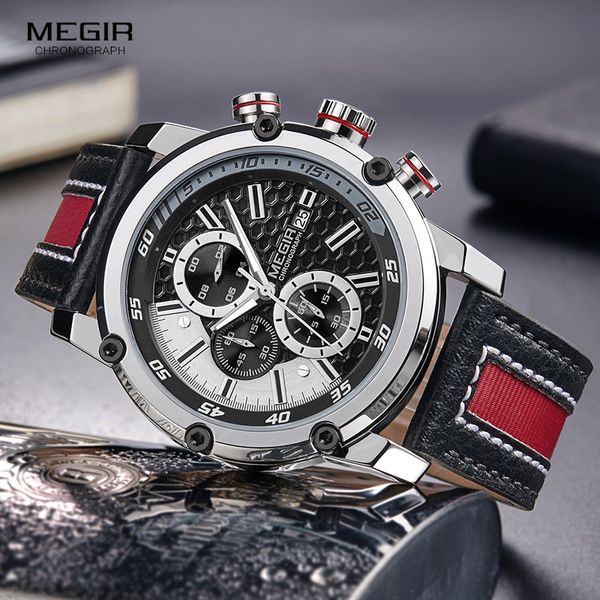 

megir men's waterproof leather strap quartz watches fashion chronograph wrist watch for man luminous hands 2079gbk-1, Slivery;brown