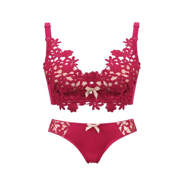 

summer selling girl's push up sweet hollow out embroidered seemless non-steel ring bra set adjustable underwear on behalf, Red;black