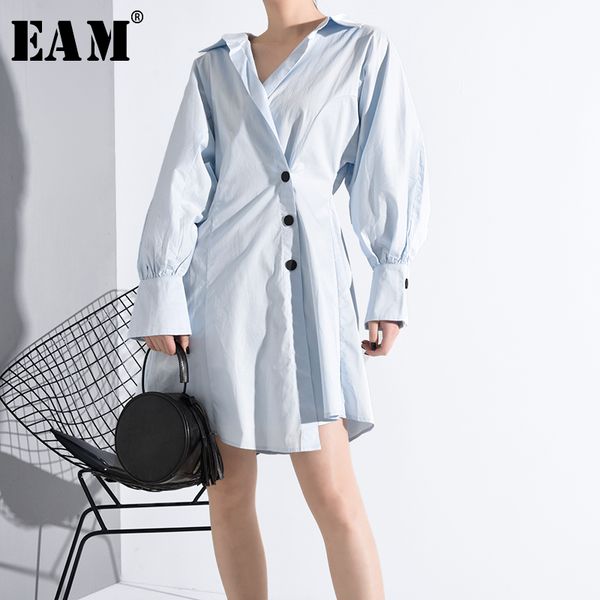 

eam] women blue button split temperament shirt dress new v-neck long sleeve loose fit fashion tide spring autumn 2020 mg09205, Black;gray