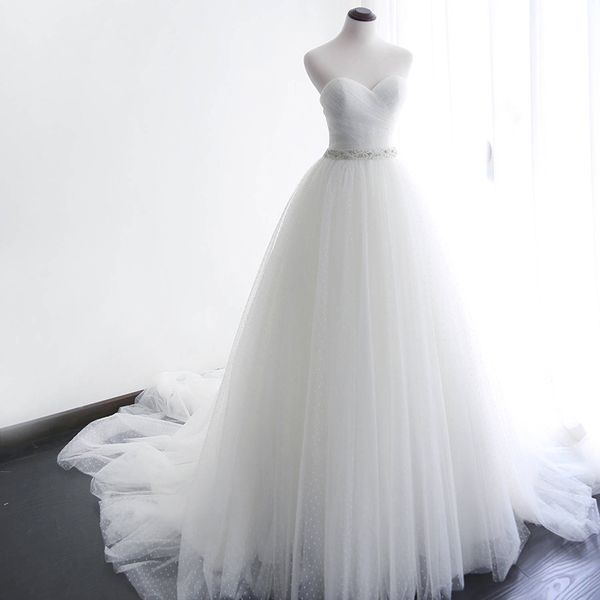 

princess a-line wedding dresses sweetheart sleeveless ruched pleated tulle classic bridal gowns with exquiste beaded belt court train, White