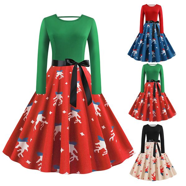 

womens vintage christmas printed dress ladies long sleeves dress xmas, White
