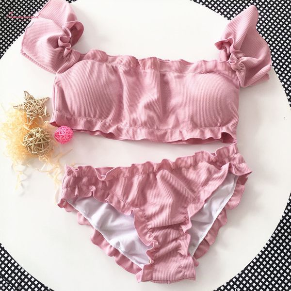 

2020 bandeau high cut bikini set swimsuit female swimwear women bathing suit smocked bikinis off shoulder swim suit pink, White;black