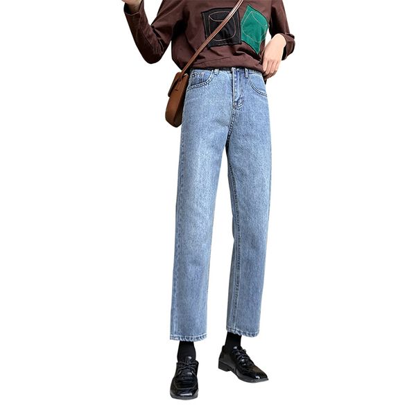 

women's jeans 2021 retro wild high-waisted old worn white straight were thin wide leg cropped students, Blue