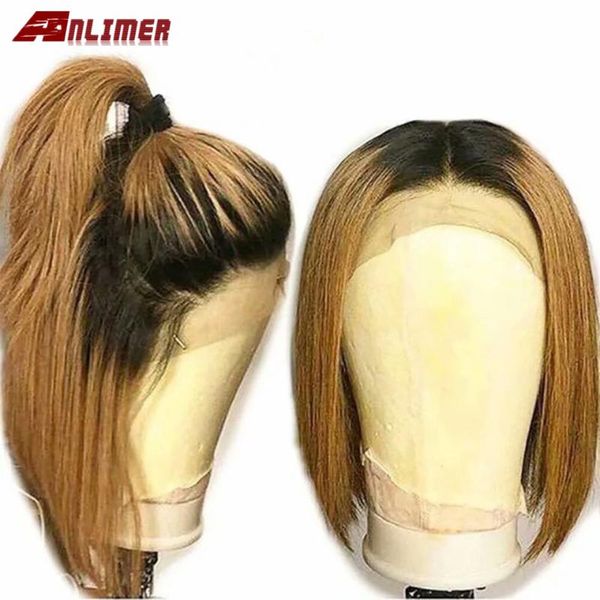 

1b 27 ombre wigs honey blonde glueless 13x6 lace front short bob wigs straight peruvian human remy hair for women, Black;brown
