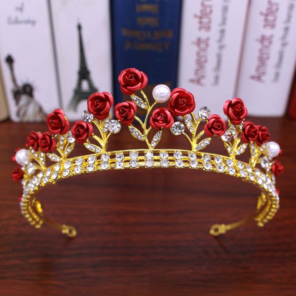 

new pattern princess crown bridal headwear fashion red alloy rose golden crown hair hoop, Golden;white