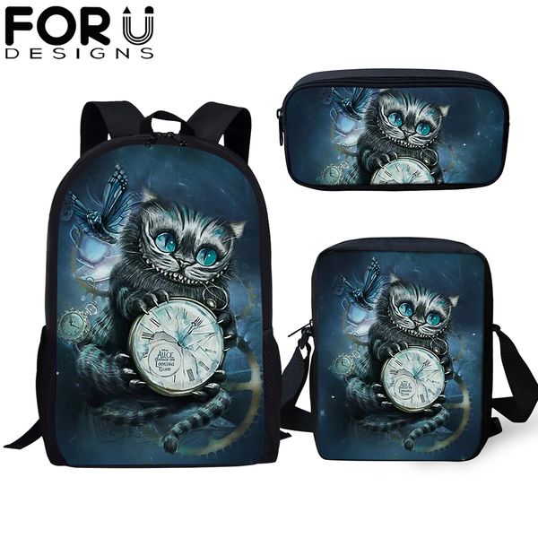 

forudesigns 3pcs/set school bag teenager gothic witchcraft cat backpack for student girls child bookbag travel rucksack gift