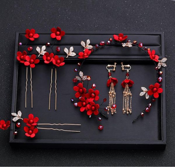

bridal jewelry red flower hair band hair bun set toast clothing headwear wedding hair accessories, Silver