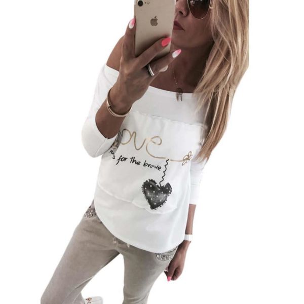 

fashion summer off shoulder t shirt women full sleeve slash neck print letter patchwork causal t-shirt, White