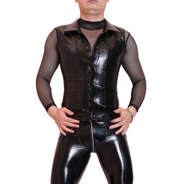 

2019 men cool faux leather vest charm elastic tight slim fit glossy stretchy nightclub stage performance outwear new, Black;white