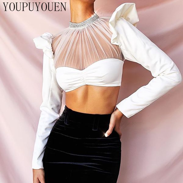 

mesh transparent blouse see through crop women long sleeve white woman blouses shirts sheer fashion summer ruffle shirt