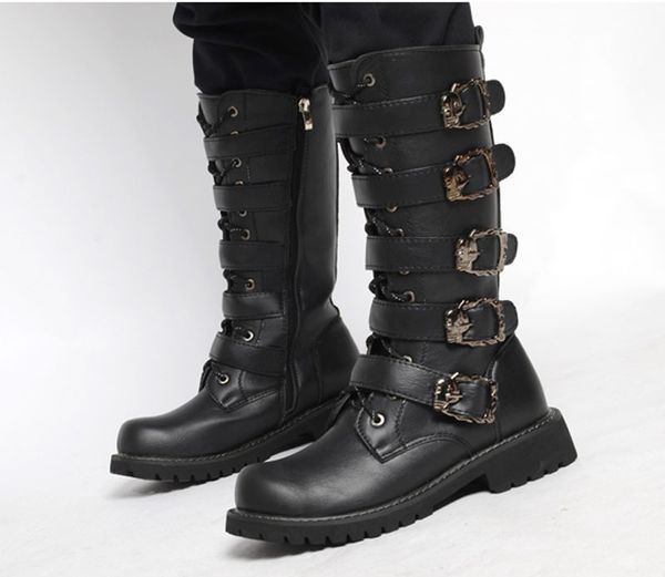 

classic men boots men midcalf boots leather casual punk shoes fashion motorcycle boots combat metal buckle shoes, Black
