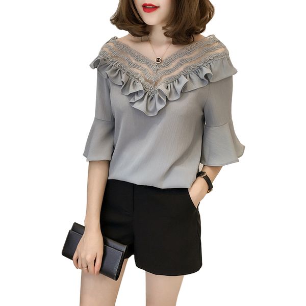 

fashion chiffon blouses womens lace shirts v neck female blusas rk, White