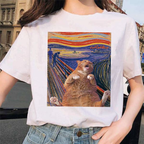 

ван гог кот женщины тенниска art картина маслом решетку печать новый смазливая женский tshirt повседневный harajuku tshirt смешно ulzzang гр, White