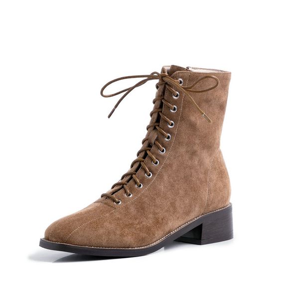 

brand suede leather boots women lace up ankle boots handmade autumn winter thick heels comfortable shoes woman, Black