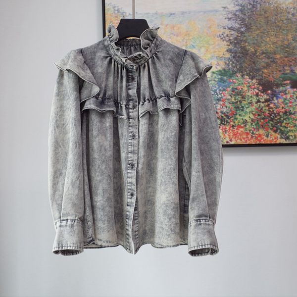 

2020 new women denim blouse fashion ruffles long sleeve shirt and female single-breasted blouses and shirts, White