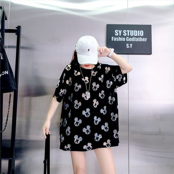 

cartoonins short-sleeved hollow-out t-shirt t-shirt long skirt women's 2020 summer large size women's mid-length loose top, White