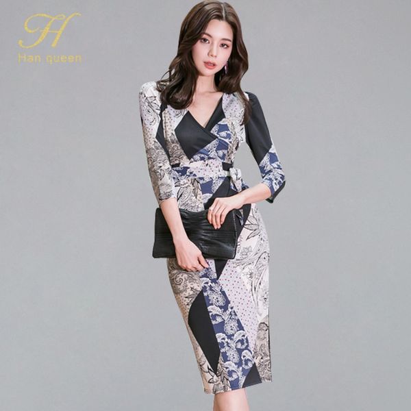 

h han queen summer printing pencil bodycon dress women 2019 3/4 sleeve sheath dresses slim elegant retro bohemian vestidos, Black;gray
