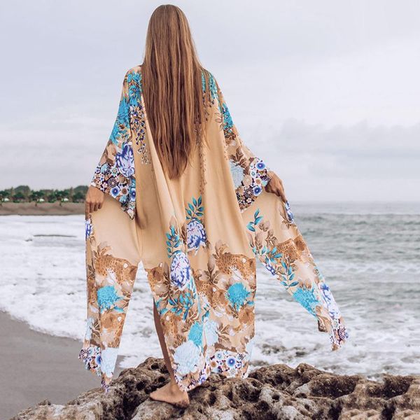 

2020 bikini cover-ups long bohemian floral printed summer beach dress polyester tunic women beach wear swim suit cover up pareo, White;black