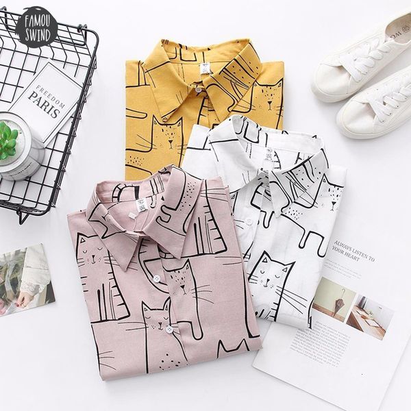 

2019 women blouse turn down collar long sleeve cute 3 4 sleeve cat print loose shirt blosues ladies blusa, White