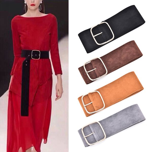 

long gold pin buckle sweater bundle waist skirt waistband 6 colors women down coat wide belts velvet soft strap belt, Black;brown