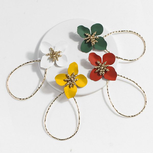 

fashion temperament paint spraying flower beads hoop earring exaggerated alloy water drop earring women jewelry bijoux ear loop, Golden;silver