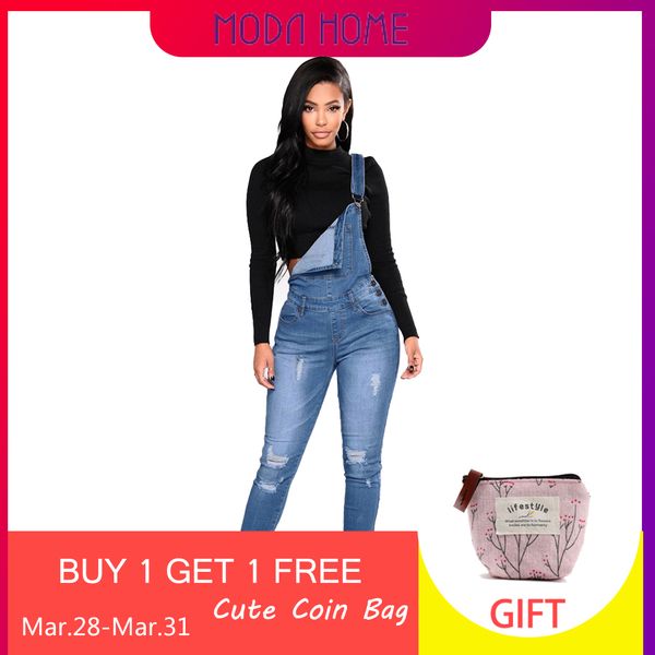 

women denim overalls ripped stretch dungarees high waist long jeans pencil pants rompers 2019 new jumpsuit blue jeans jumpsuits, Black;white