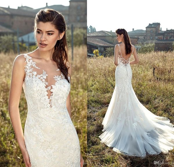 

2019 designer mermaid wedding dresses sheer jewel neck lace appliqued backless garden wedding dress plus size vestidos de novia, White;pink