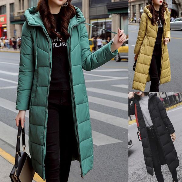 

casual women winter solid color hooded thickened warm slim long parka cotton coat 2019 new winter parkas for women, Black