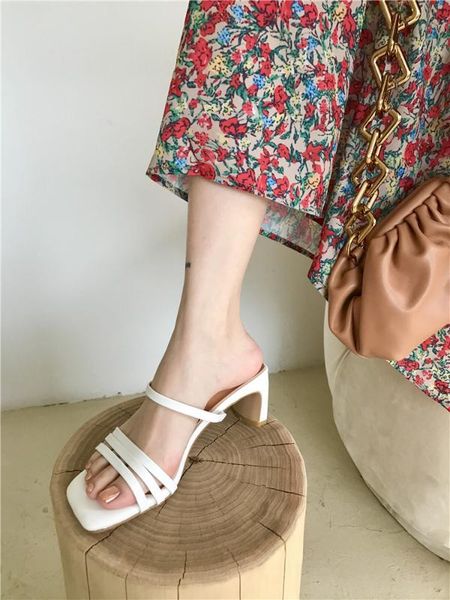 

low slippers casual female shoes slides square heel women heels cross-tied soft luxury 2020 block high rubber scandals rome, Black