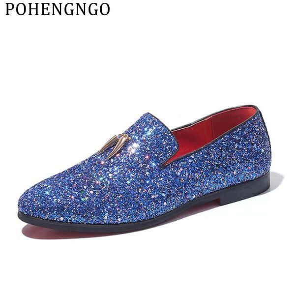 

2019 handmade shiny blue party wedding men loafers gold fringe pendant fashion driving flats nightclub bar men casual shoes, Black