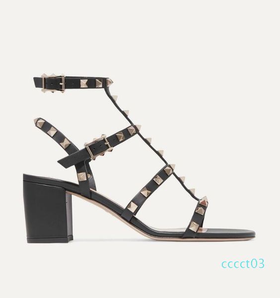 

лето 2020 марка женщины рок коты сандалии на высоком каблуке из натуральной кожи заклепки сандалии роскошная леди гладиатор sandalias mujer, Black