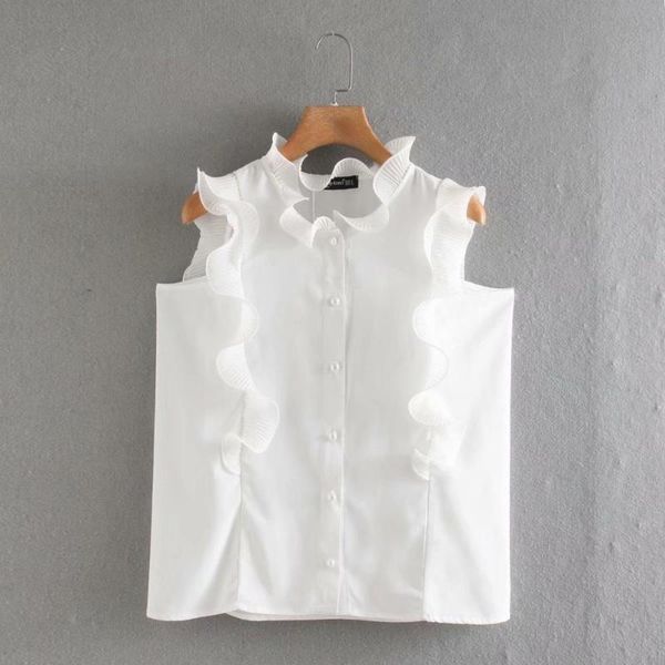 

new women ruffles decoration sleeveless casual chiffon blouse female pearl buttons white shirts leisure chic chemise ls6551