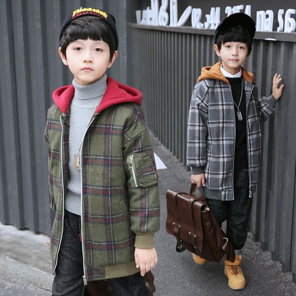 

winter autumn outdoor jackets boys 4-12 years long sleeve hooded mid-long zipper cardigan coats plaid faux woolen kids outwear, Blue;gray