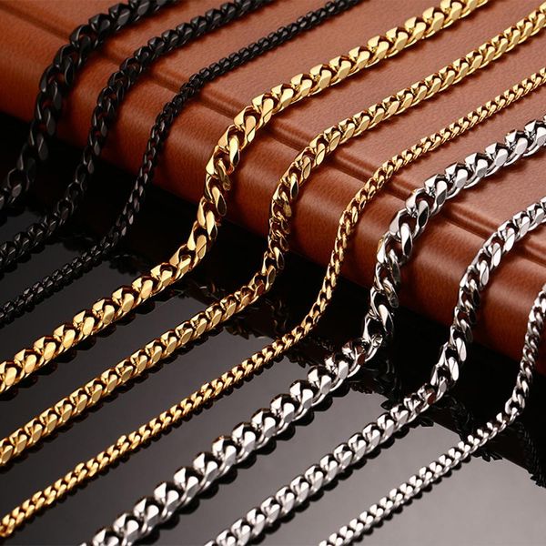 

silver gold black solid necklace curb chains link men choker stainless steel male female accessories fashion