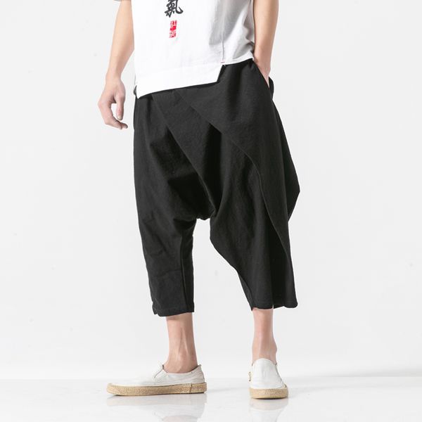 

men fashion casual kimono pant low crotch cross pants male loose elastic waist wide leg trousers streetwear hip hop harem pant, Black