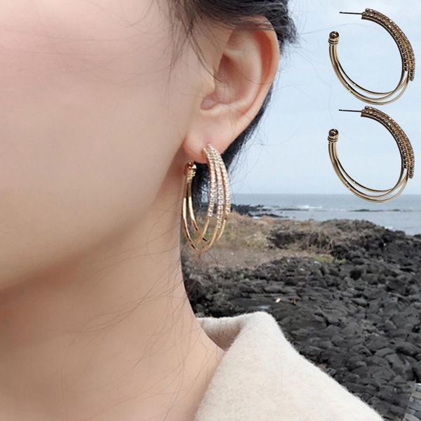 

wedding engagement triple circle rhinestone inlaid women hoop earrings jewelry new chic, Golden;silver