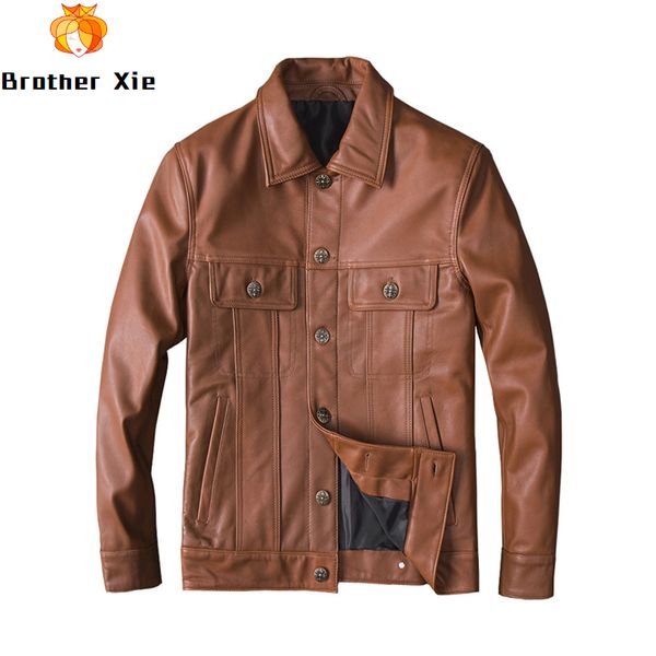 

2020 new men's brown genuine cowhide jacket motor biker real cow leather jacket plus size lapel leather outwear coat for male, Black